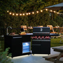 Forno All'Aperto 62,600 BTU BBQ with 3 Stainless-Steel Burners & Infrared Burners & Sink Module with Black Sintered Stone Countertops, Bar & Beverage Center shown in a backyard outdoor kitchen