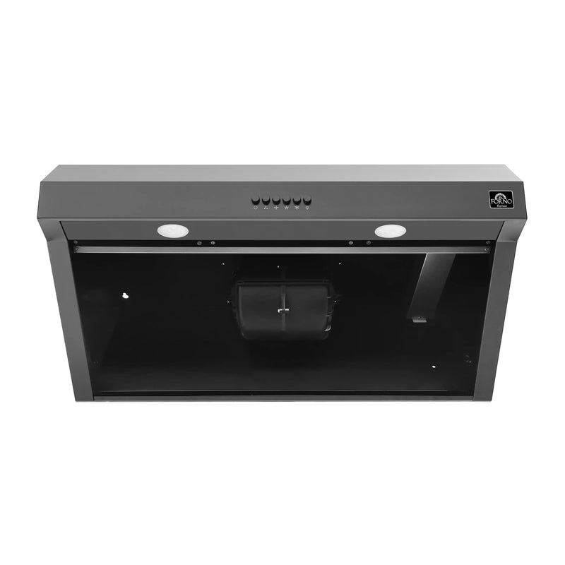Forno 5-Piece Appliance Package - 30-Inch Gas Range, Under Cabinet Range Hood,  French Door Refrigerator, Dishwasher, and  Microwave Drawer in Black with Antique Brass Trim