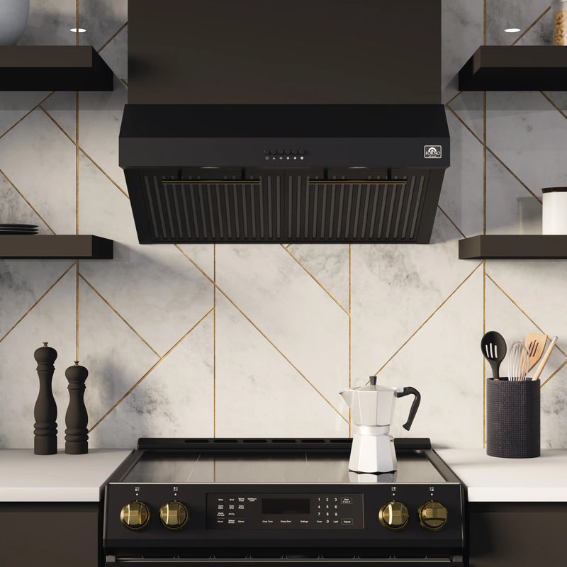 Forno 5-Piece Appliance Package - 30-Inch Gas Range, Under Cabinet Range Hood,  French Door Refrigerator, Dishwasher, and  Microwave Drawer in Black with Antique Brass Trim