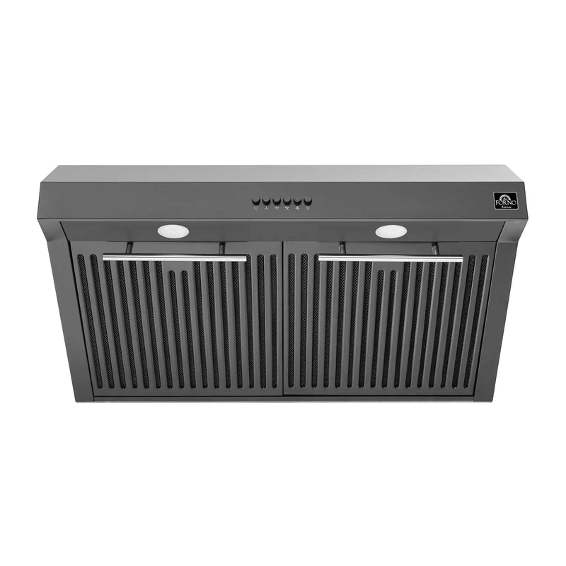 Forno 5-Piece Appliance Package - 30-Inch Induction Range, Under Cabinet Range Hood, Refrigerator, Dishwasher, and  30-Inch Microwave Oven in Black with Antique Brass Trim