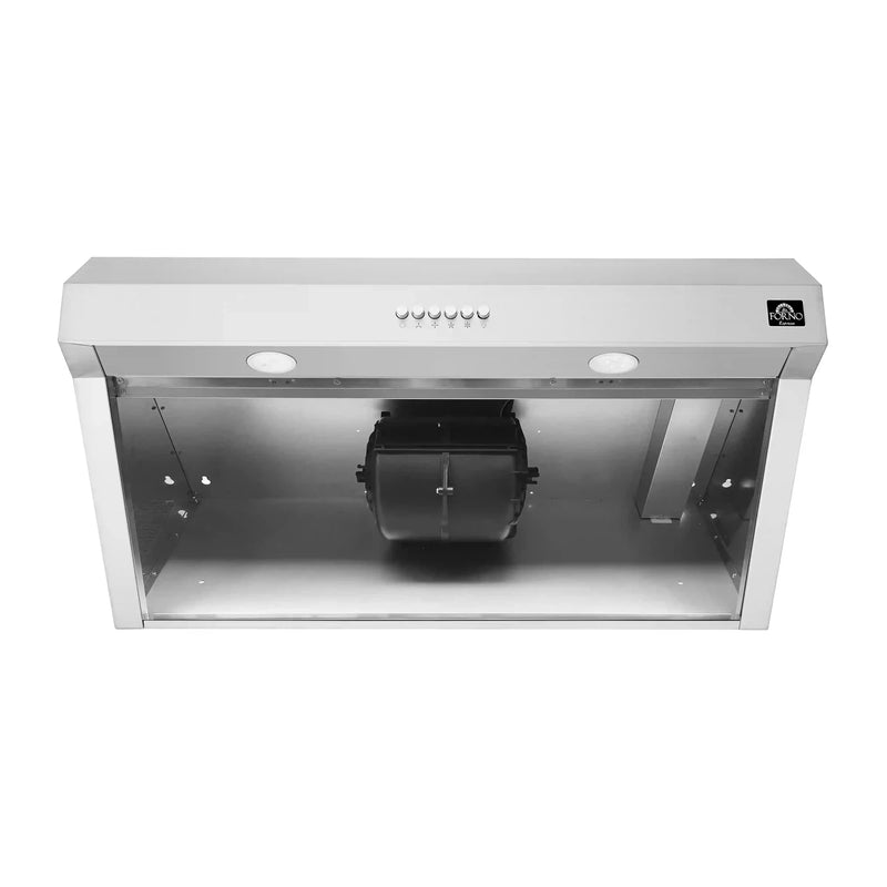 Forno 5-Piece Appliance Package - 30-Inch Gas Range, Under Cabinet Range Hood, Refrigerator wth Water Dispenser, Dishwasher, and 30-Inch Microwave Drawer in Stainless Steel