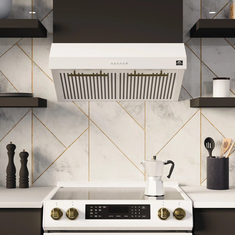 Forno 3-Piece Appliance Package - 30-Inch Espresso Electric Range, Under Cabinet Range Hood, & 31-Inch Refrigerator in White with Antique Brass Handle