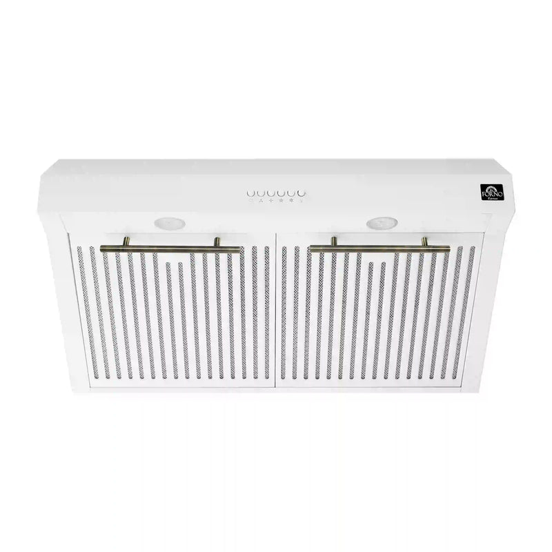 Forno 5-Piece Appliance Package - 30-Inch Inducton Range, Under Cabinet Range Hood, Refrigerator with Water Dispenser, Dishwasher, and  24-Inch Microwave Oven in White with Antique Brass Trim