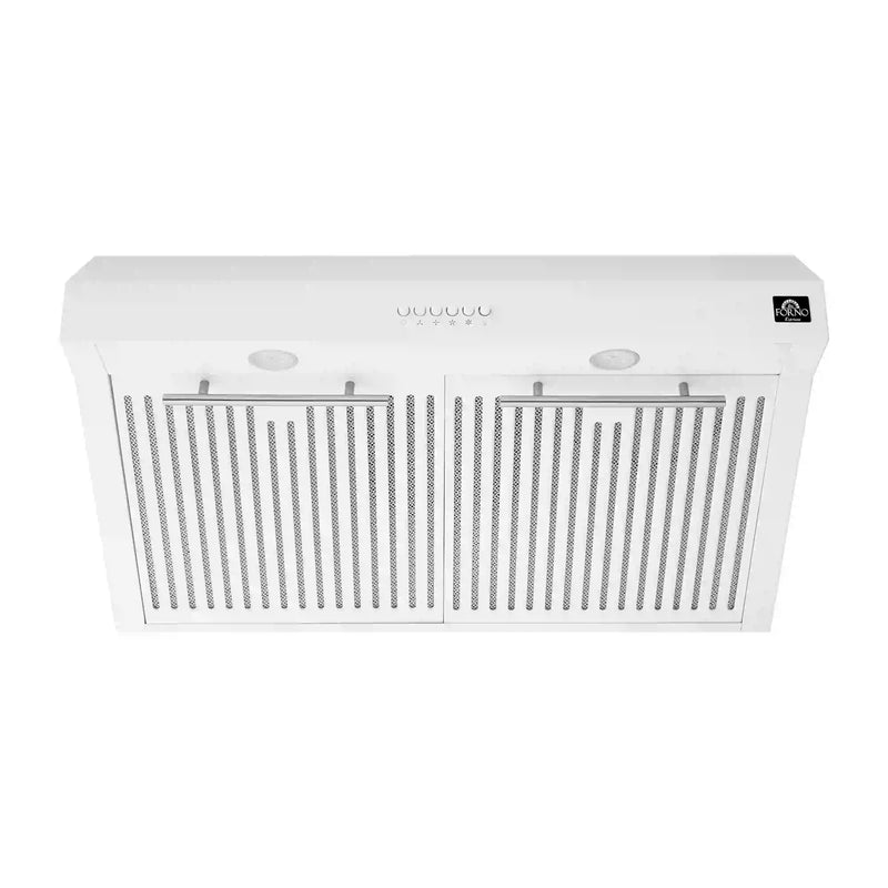 Forno 5-Piece Appliance Package - 30-Inch Induction Range, Under Cabinet Range Hood, Refrigerator, Dishwasher, and 30-Inch Microwave Oven in White with Antique Brass Trim