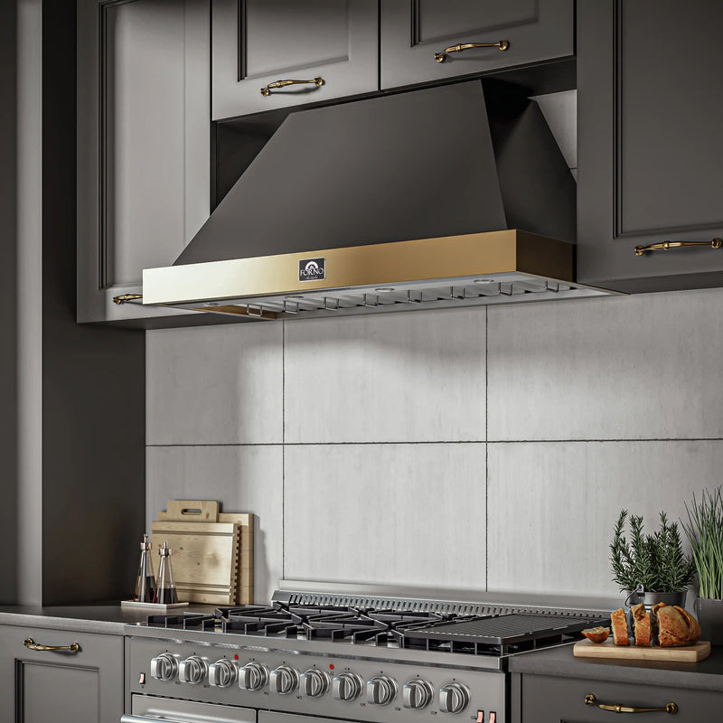 Forno Vittorio 48-Inch 600 CFM Wall Mount Range Hood in Black with Antique Brass Trim (FRHWM5078-48BLK)