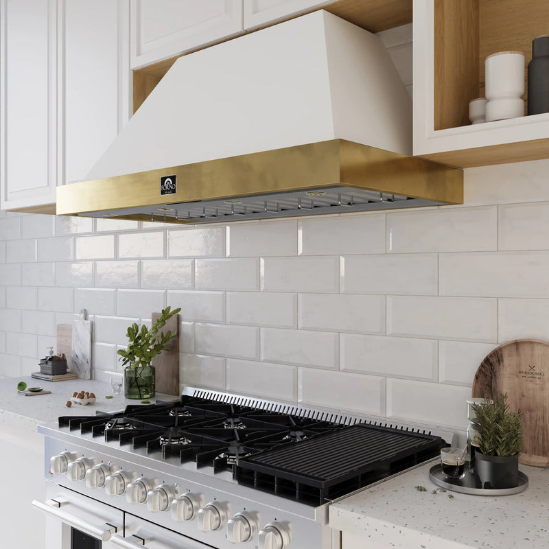Forno Galiano 5-Piece Appliance Package - 48-Inch Gas Range, 48-Inch Hood, 36-Inch Refrigerator, 24-Inch Dishwasher, & 24-Inch Microwave Drawer in White with Antique Brass Trim
