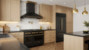 Forno Aria 48-Inch 1,200 CFM Wall Mount Range Hood in Black with Brass Handle shown in a styled kitchen
