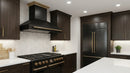 Forno Aria 48-Inch 1,200 CFM Wall Mount Range Hood in Black with Brass Handle shown in a styled kitchen, view 2