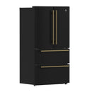Forno Antico 5-Piece Appliance Package - 48-Inch Dual Fuel Range, 48-Inch Hood, 36-Inch Refrigerator, 24-Inch Dishwasher, & 24-Inch Microwave Oven in Black with Antique Brass Trim