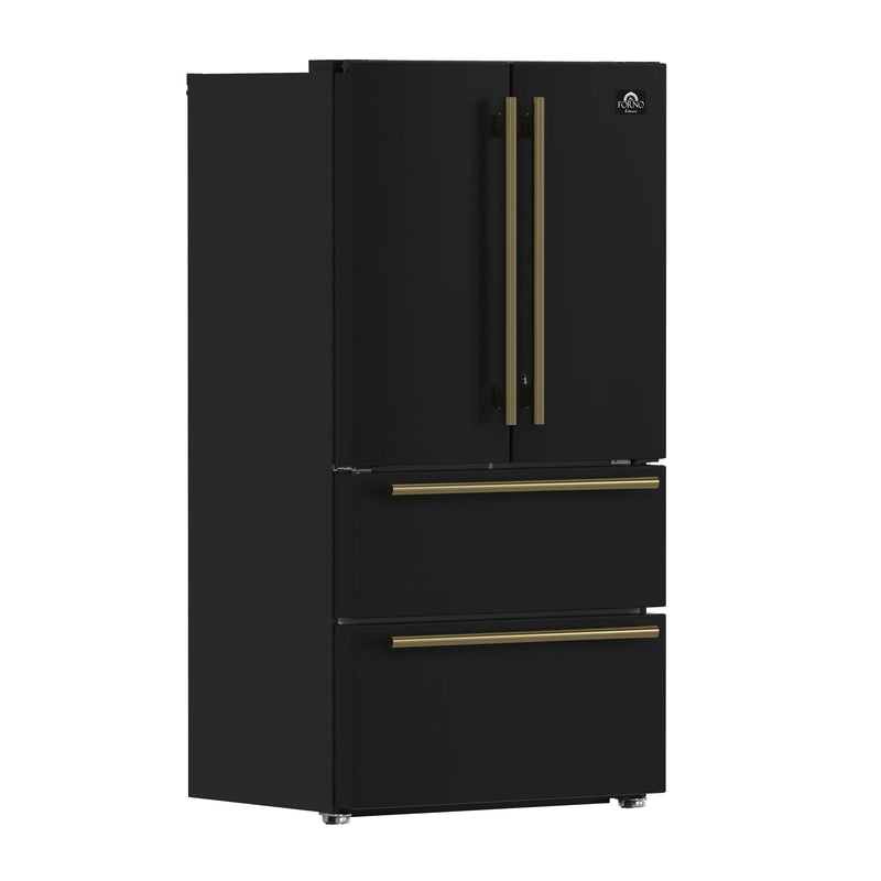 Forno Galiano 5-Piece Appliance Package - 48-Inch Gas Range, 48-Inch Hood, 36-Inch Refrigerator, 24-Inch Dishwasher, & 30-Inch Microwave Oven in Black with Antique Brass Trim