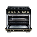 FORNO Valente 36-Inch Gas Range in Black with Antique Brass Handle and Decorative Copper Trim, 5.2 Cu.Ft. Convection Oven, 6 Sealed Burnes, 71 000 BTU Cooktop Output, Telescopic Racks (FFSGS6299-36CPBLK)