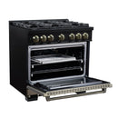 FORNO Valente 36-Inch Gas Range in Black with Antique Brass Handle and Decorative Copper Trim, 5.2 Cu.Ft. Convection Oven, 6 Sealed Burnes, 71 000 BTU Cooktop Output, Telescopic Racks (FFSGS6299-36CPBLK)