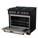 FORNO Valente 36-Inch Gas Range in Black with Antique Brass Handle and Decorative Copper Trim, 5.2 Cu.Ft. Convection Oven, 6 Sealed Burnes, 71 000 BTU Cooktop Output, Telescopic Racks (FFSGS6299-36CPBLK)