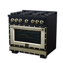FORNO Valente 36-Inch Gas Range in Black with Antique Brass Handle and Decorative Copper Trim, 5.2 Cu.Ft. Convection Oven, 6 Sealed Burnes, 71 000 BTU Cooktop Output, Telescopic Racks (FFSGS6299-36CPBLK)