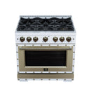 FORNO Valente 36-Inch Gas Range in White with Antique Brass Handle and Decorative Copper Trim, 5.2 Cu.Ft. Convection Oven, 6 Sealed Burnes, 71 000 BTU Cooktop Output, Telescopic Racks (FFSGS6299-36CPWHT)