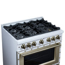 FORNO Valente 36-Inch Gas Range in White with Antique Brass Handle and Decorative Copper Trim, 5.2 Cu.Ft. Convection Oven, 6 Sealed Burnes, 71 000 BTU Cooktop Output, Telescopic Racks (FFSGS6299-36CPWHT)