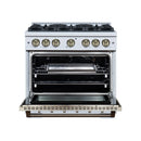 FORNO Valente 36-Inch Gas Range in White with Antique Brass Handle and Decorative Copper Trim, 5.2 Cu.Ft. Convection Oven, 6 Sealed Burnes, 71 000 BTU Cooktop Output, Telescopic Racks (FFSGS6299-36CPWHT)