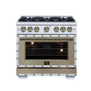 FORNO Valente 36-Inch Gas Range in White with Antique Brass Handle and Decorative Copper Trim, 5.2 Cu.Ft. Convection Oven, 6 Sealed Burnes, 71 000 BTU Cooktop Output, Telescopic Racks (FFSGS6299-36CPWHT)