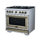 FORNO Valente 36-Inch Gas Range in White with Antique Brass Handle and Decorative Copper Trim, 5.2 Cu.Ft. Convection Oven, 6 Sealed Burnes, 71 000 BTU Cooktop Output, Telescopic Racks (FFSGS6299-36CPWHT)