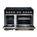 FORNO Valente 48-Inch Gas Range in Black with Antique Brass Handle and Decorative Copper Trim, 6.7 Cu. Ft. Double Oven, 8 Sealed Burners, 94 000 BTU Cooktop Output, Telescopic Racks ( FFSGS6299-48CPBLK)