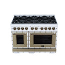 FORNO Valente 48-Inch Gas Range in White with Antique Brass Handle and Decorative Copper Trim, 6.7 Cu. Ft. Double Oven, 8 Sealed Burners, 94 000 BTU Cooktop Output, Telescopic Racks (FFSGS6299-48CPWHT)