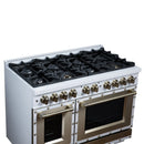 FORNO Valente 48-Inch Gas Range in White with Antique Brass Handle and Decorative Copper Trim, 6.7 Cu. Ft. Double Oven, 8 Sealed Burners, 94 000 BTU Cooktop Output, Telescopic Racks (FFSGS6299-48CPWHT)
