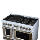 FORNO Valente 48-Inch Gas Range in White with Antique Brass Handle and Decorative Copper Trim, 6.7 Cu. Ft. Double Oven, 8 Sealed Burners, 94 000 BTU Cooktop Output, Telescopic Racks (FFSGS6299-48CPWHT)