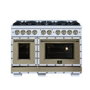 FORNO Valente 48-Inch Gas Range in White with Antique Brass Handle and Decorative Copper Trim, 6.7 Cu. Ft. Double Oven, 8 Sealed Burners, 94 000 BTU Cooktop Output, Telescopic Racks (FFSGS6299-48CPWHT)