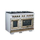 FORNO Valente 48-Inch Gas Range in White with Antique Brass Handle and Decorative Copper Trim, 6.7 Cu. Ft. Double Oven, 8 Sealed Burners, 94 000 BTU Cooktop Output, Telescopic Racks (FFSGS6299-48CPWHT)