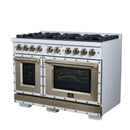 FORNO Valente 48-Inch Gas Range in White with Antique Brass Handle and Decorative Copper Trim, 6.7 Cu. Ft. Double Oven, 8 Sealed Burners, 94 000 BTU Cooktop Output, Telescopic Racks (FFSGS6299-48CPWHT)