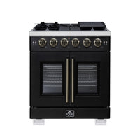 Forno Capriasca 30-Inch Freestanding French Door Gas Range with 4 Burners and 4.32 Cu.Ft. Convection Oven in Black with Antique Brass Handle (FFSGS6460-30BLK)