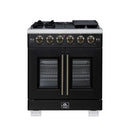 Forno Capriasca 30-Inch Freestanding French Door Gas Range with 4 Burners and 4.32 Cu.Ft. Convection Oven in Black with Antique Brass Handle (FFSGS6460-30BLK)