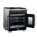 Forno Capriasca 30-Inch Freestanding French Door Gas Range with 4 Burners and 4.32 Cu.Ft. Convection Oven in Black with Antique Brass Handle (FFSGS6460-30BLK)