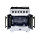 Forno Capriasca 30-Inch Freestanding French Door Gas Range with 4 Burners and 4.32 Cu.Ft. Convection Oven in White with Antique Brass Handle (FFSGS6460-30WHT)