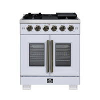 Forno Capriasca 30-Inch Freestanding French Door Gas Range with 4 Burners and 4.32 Cu.Ft. Convection Oven in White with Antique Brass Handle (FFSGS6460-30WHT)