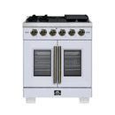 Forno Capriasca 30-Inch Freestanding French Door Gas Range with 4 Burners and 4.32 Cu.Ft. Convection Oven in White with Antique Brass Handle (FFSGS6460-30WHT)
