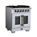 Forno Capriasca 30-Inch Freestanding French Door Gas Range with 4 Burners and 4.32 Cu.Ft. Convection Oven in White with Antique Brass Handle (FFSGS6460-30WHT)