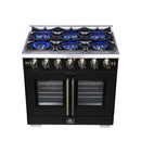 Forno Capriasca 36-Inch Freestanding French Door Gas Range with 6 Burners and 5.36 Cu.Ft. Convection Oven in Black with Antique Brass Handle (FFSGS6460-36BLK)