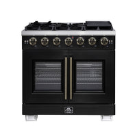 Forno Capriasca 36-Inch Freestanding French Door Gas Range with 6 Burners and 5.36 Cu.Ft. Convection Oven in Black with Antique Brass Handle (FFSGS6460-36BLK)