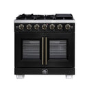 Forno Capriasca 36-Inch Freestanding French Door Gas Range with 6 Burners and 5.36 Cu.Ft. Convection Oven in Black with Antique Brass Handle (FFSGS6460-36BLK)
