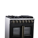 Forno Capriasca 36-Inch Freestanding French Door Gas Range with 6 Burners and 5.36 Cu.Ft. Convection Oven in Black with Antique Brass Handle (FFSGS6460-36BLK)