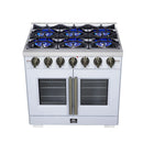 Forno Capriasca 36-Inch Freestanding French Door Gas Range with 6 Burners and 5.36 Cu.Ft. Convection Oven in White with Antique Brass Handle (FFSGS6460-36WHT)