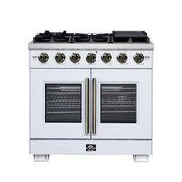 Forno Capriasca 36-Inch Freestanding French Door Gas Range with 6 Burners and 5.36 Cu.Ft. Convection Oven in White with Antique Brass Handle (FFSGS6460-36WHT)
