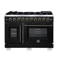 Forno Capriasca 48-Inch Freestanding French Door Gas Range with 8 Burners and 6.58 Cu.Ft. Convection Oven in Black with Antique Brass Handle (FFSGS6460-48BLK)