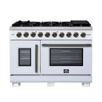 Forno Capriasca 48-Inch Freestanding French Door Gas Range with 8 Burners and 6.58 Cu.Ft. Convection Oven in White with Antique Brass Handle (FFSGS6460-48WHT)