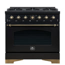Forno 4-Piece Appliance Package - 36-Inch Gas Range, 60-Inch Convertible Refrigerator with Modern Trim, Dishwasher, and 30-Inch Microwave Drawer in Black with Antique Brass Handle