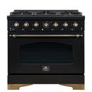 Forno Antico 3-Piece Appliance Package - 36-Inch Gas Range, 36-Inch Refrigerator, & 24-Inch Dishwasher in Black with Antique Brass Trim