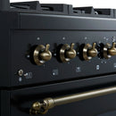 Forno Antico 4-Piece Appliance Package - 36-Inch Dual Fuel Range, 36-Inch Hood, 36-Inch Refrigerator, & 24-Inch Dishwasher in Black with Antique Brass Trim