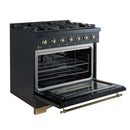 Forno Antico 5-Piece Appliance Package - 36-Inch Dual Fuel Range, 36-Inch Hood, 36-Inch Refrigerator, 24-Inch Dishwasher, & 24-Inch Microwave Drawer in Black with Antique Brass Trim