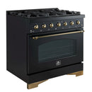 Forno Antico 5-Piece Appliance Package - 36-Inch Dual Fuel Range, 36-Inch Hood, 36-Inch Refrigerator, 24-Inch Dishwasher, & 30-Inch Microwave Oven in Black with Antique Brass Trim